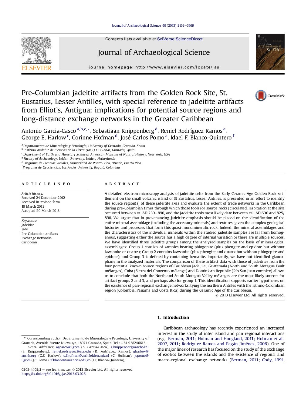 Pre-Columbian jadeitite artifacts from the Golden Rock Site, St. Eustatius, Lesser Antilles, with special reference to jadeitite artifacts from Elliot's, Antigua: implications for potential source regions and long-distance exchange networks in the Greater