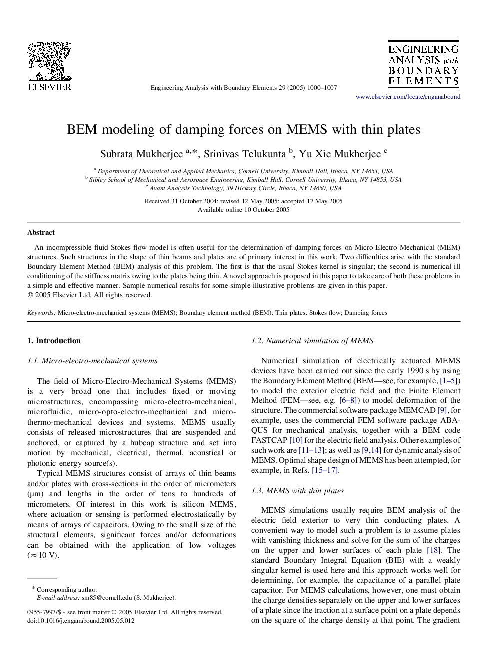 BEM modeling of damping forces on MEMS with thin plates