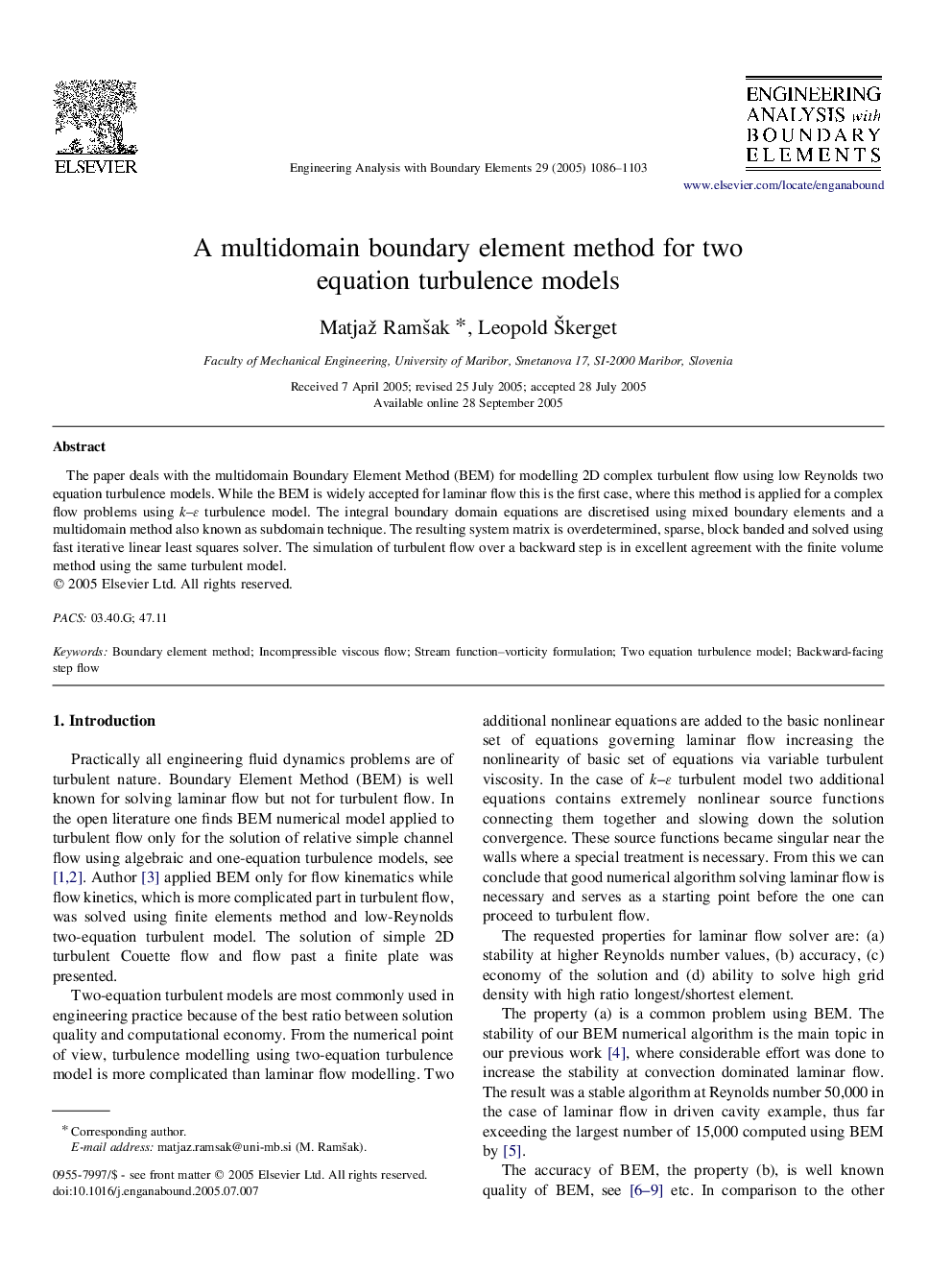 A multidomain boundary element method for two equation turbulence models