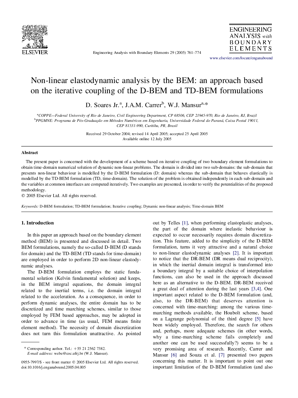 Non-linear elastodynamic analysis by the BEM: an approach based on the iterative coupling of the D-BEM and TD-BEM formulations