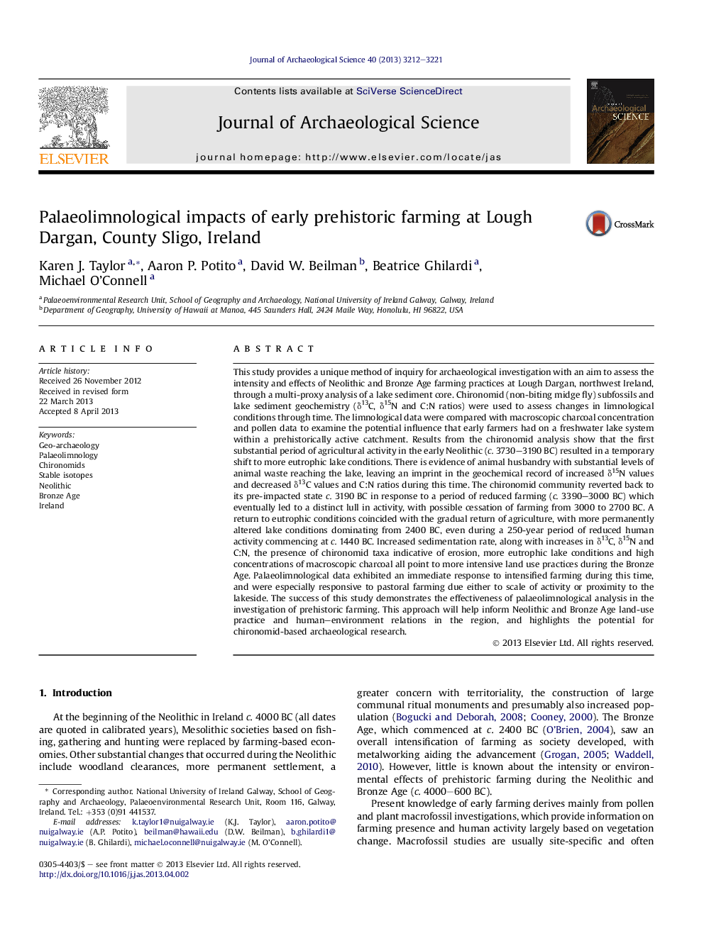 Palaeolimnological impacts of early prehistoric farming at Lough Dargan, County Sligo, Ireland