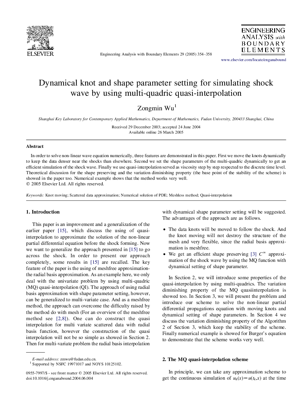 Dynamical knot and shape parameter setting for simulating shock wave by using multi-quadric quasi-interpolation