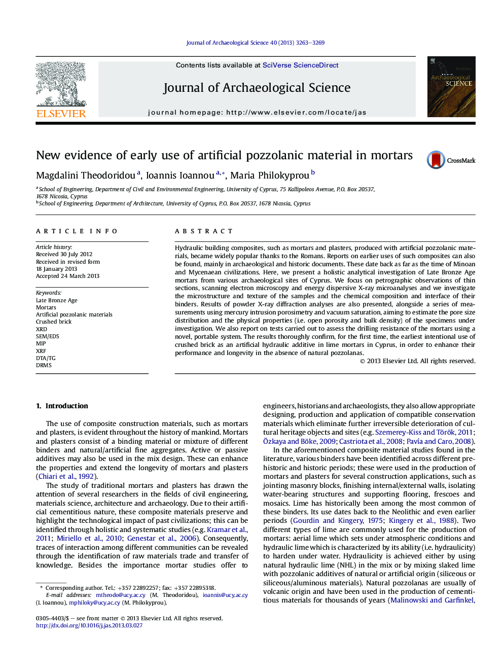 عکس صفحه اول مقاله: New evidence of early use of artificial pozzolanic material in mortars New evidence of early use of artificial pozzolanic material in mortars