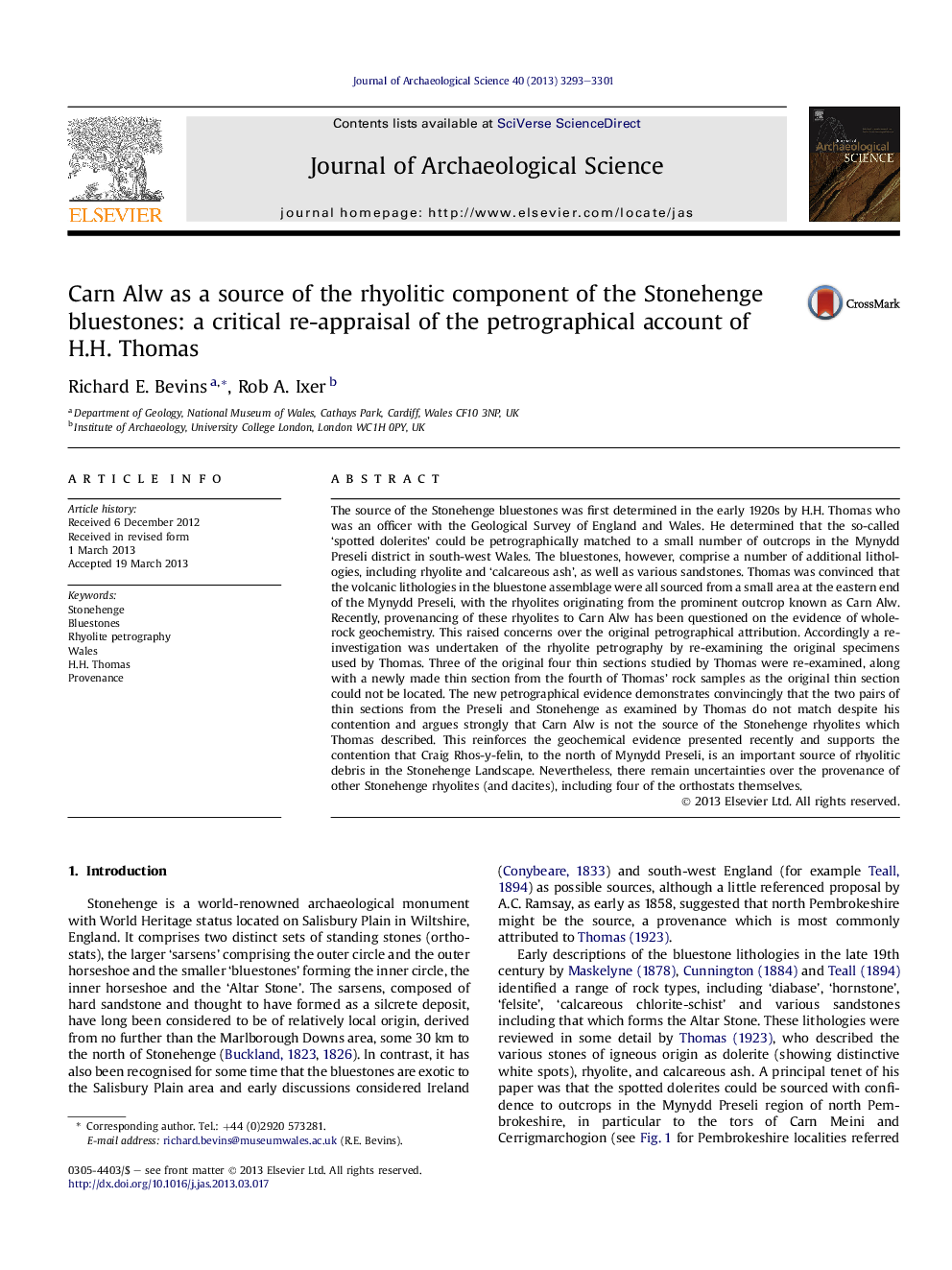 Carn Alw as a source of the rhyolitic component of the Stonehenge bluestones: a critical re-appraisal of the petrographical account of H.H. Thomas