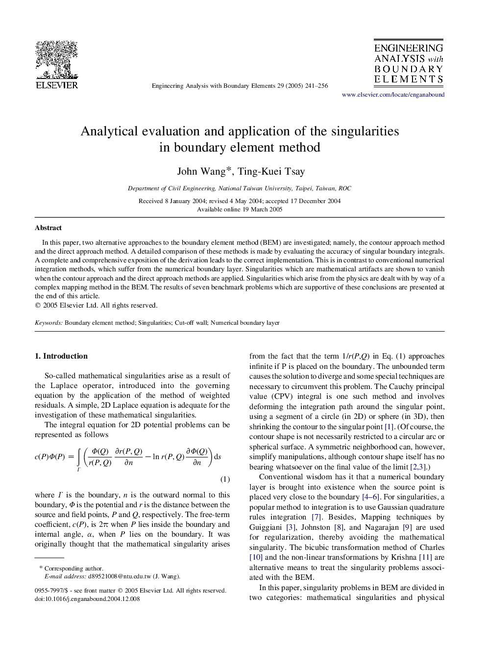 Analytical evaluation and application of the singularities in boundary element method