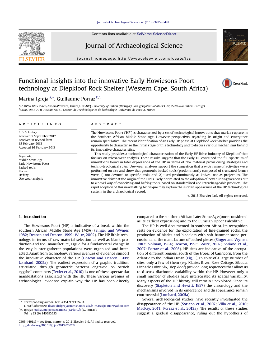 Functional insights into the innovative Early Howiesons Poort technology at Diepkloof Rock Shelter (Western Cape, South Africa)