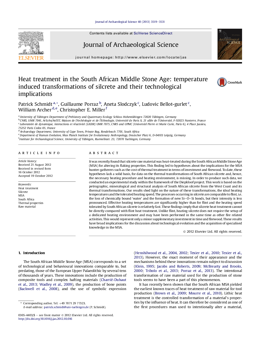 Heat treatment in the South African Middle Stone Age: temperature induced transformations of silcrete and their technological implications