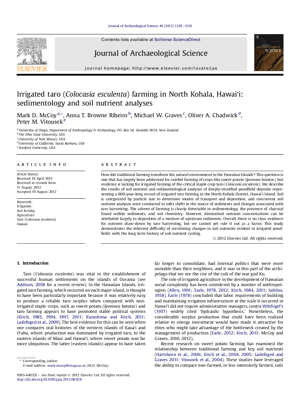 Irrigated taro (Colocasia esculenta) farming in North Kohala, Hawai‘i: sedimentology and soil nutrient analyses