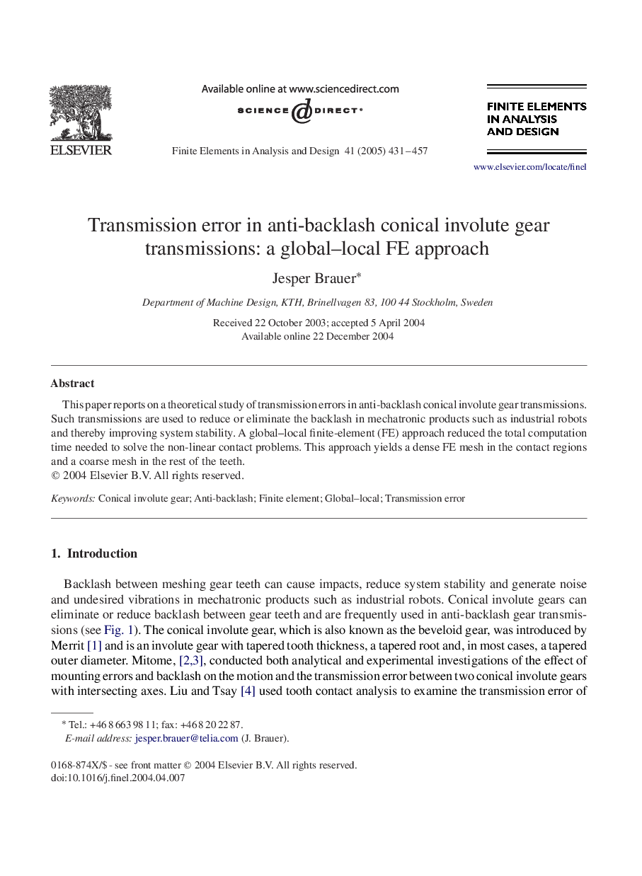 Transmission error in anti-backlash conical involute gear transmissions: a global-local FE approach