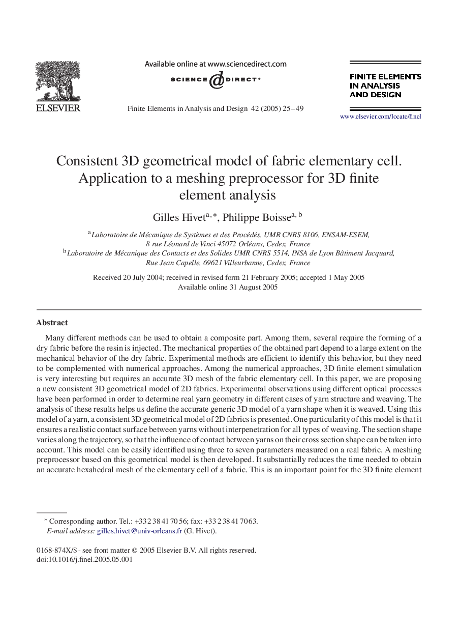 Consistent 3D geometrical model of fabric elementary cell. Application to a meshing preprocessor for 3D finite element analysis