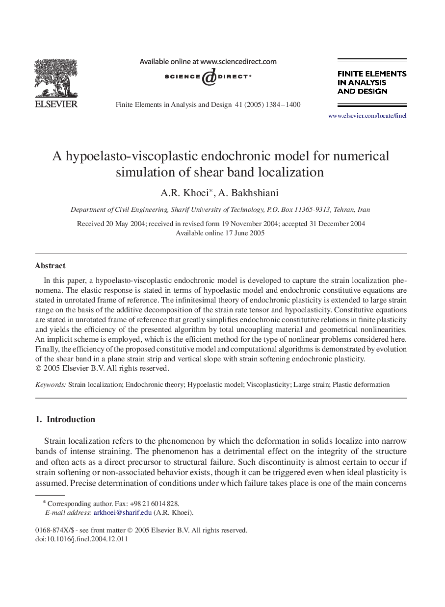 A hypoelasto-viscoplastic endochronic model for numerical simulation of shear band localization