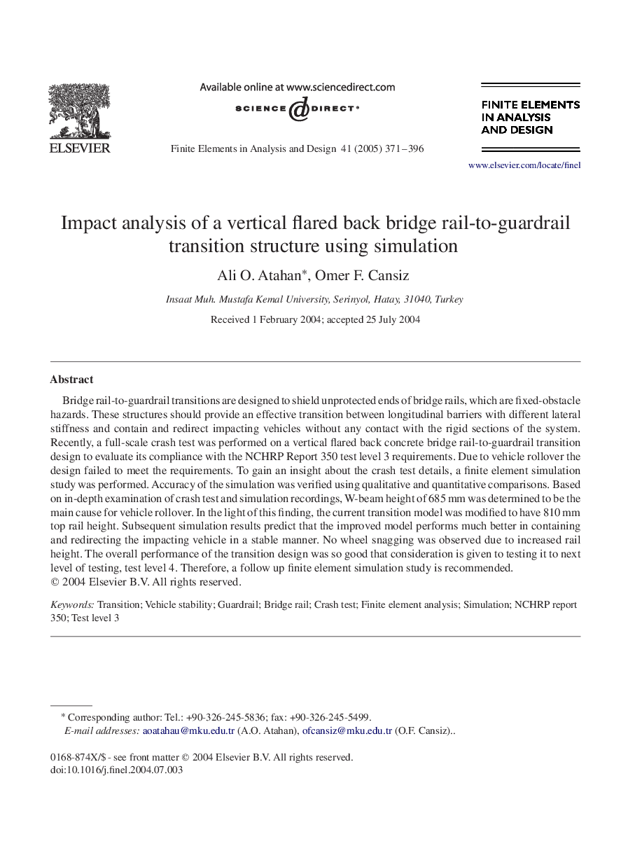 Impact analysis of a vertical flared back bridge rail-to-guardrail transition structure using simulation