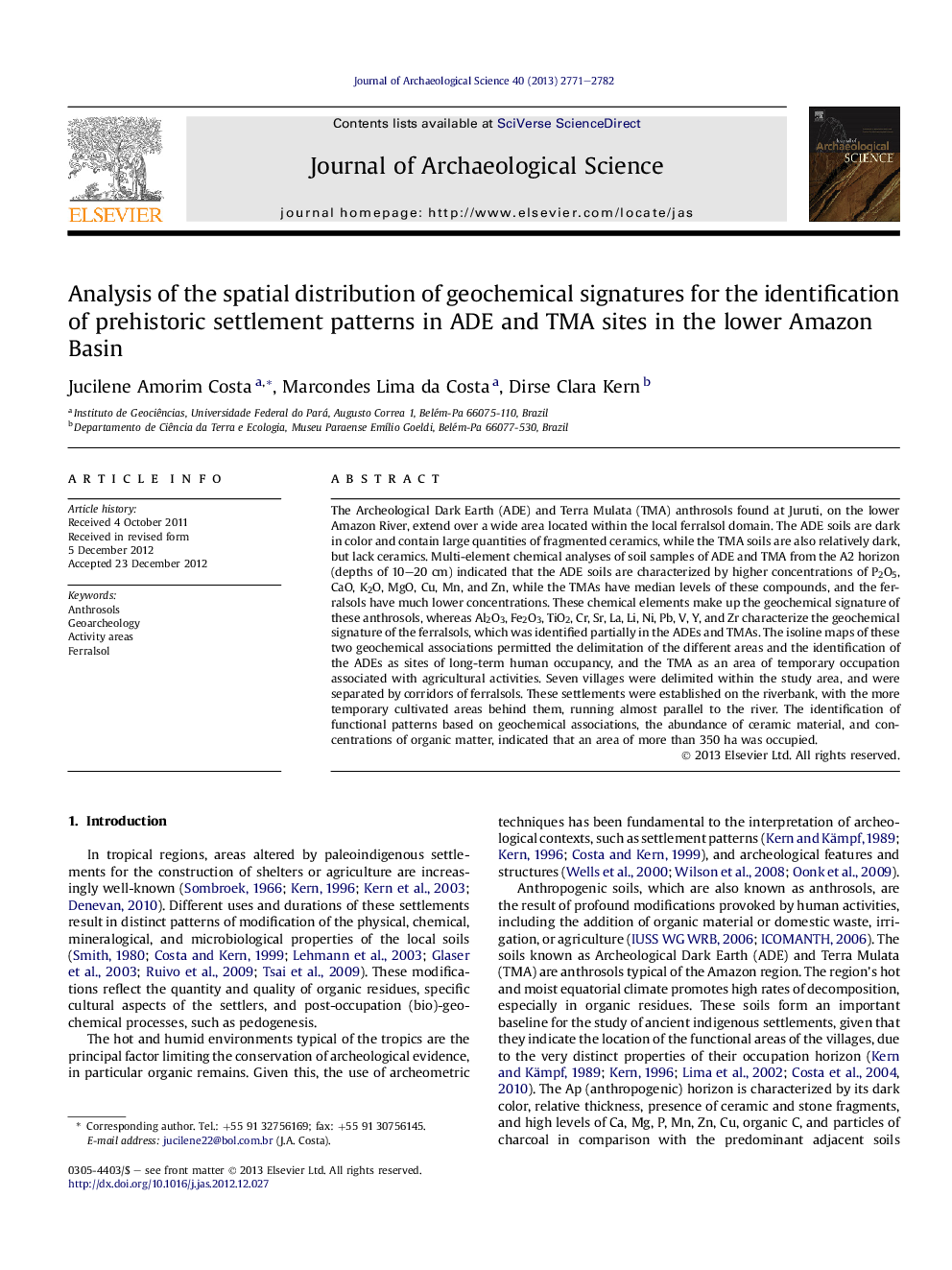 Analysis of the spatial distribution of geochemical signatures for the identification of prehistoric settlement patterns in ADE and TMA sites in the lower Amazon Basin