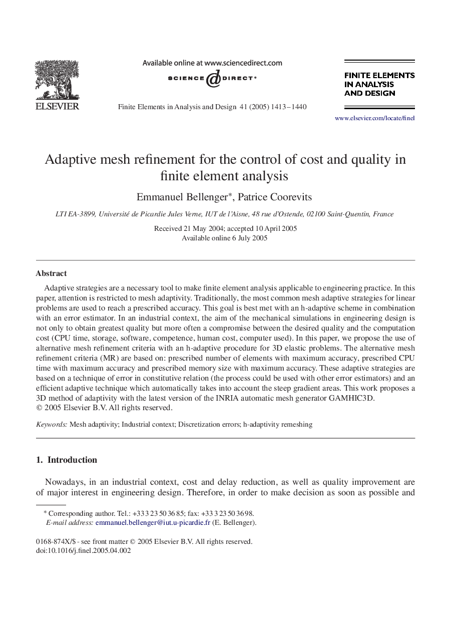 Adaptive mesh refinement for the control of cost and quality in finite element analysis