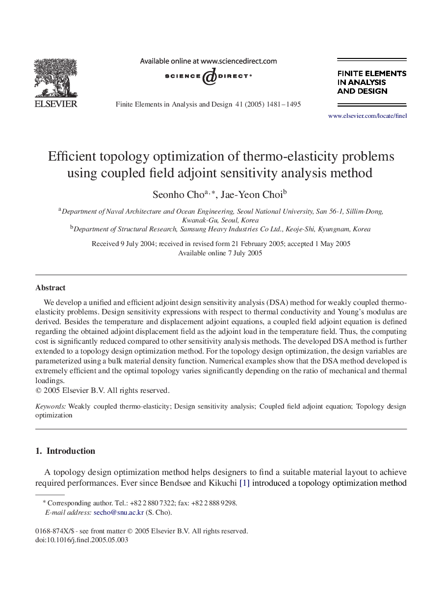 Efficient topology optimization of thermo-elasticity problems using coupled field adjoint sensitivity analysis method