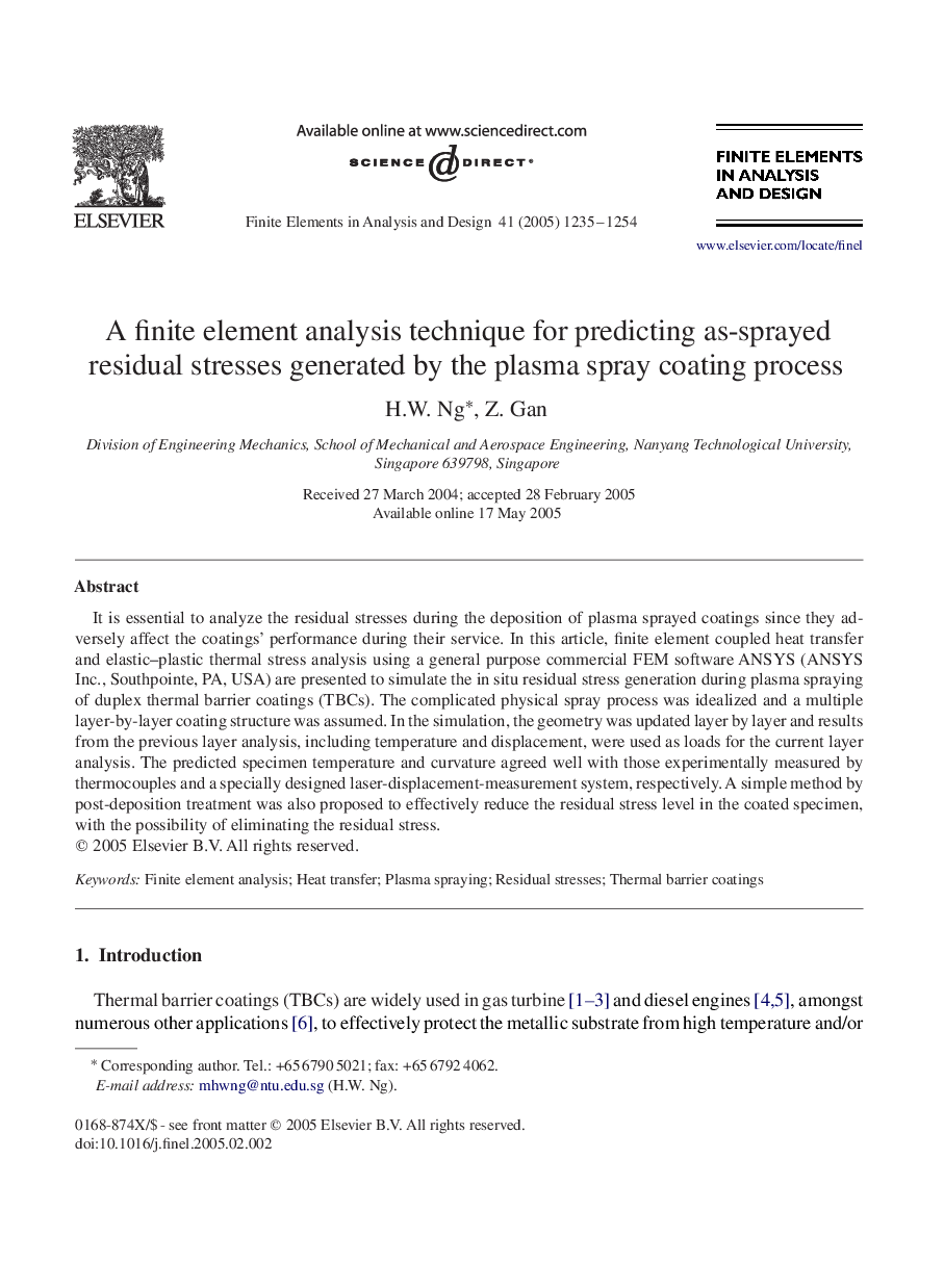 A finite element analysis technique for predicting as-sprayed residual stresses generated by the plasma spray coating process