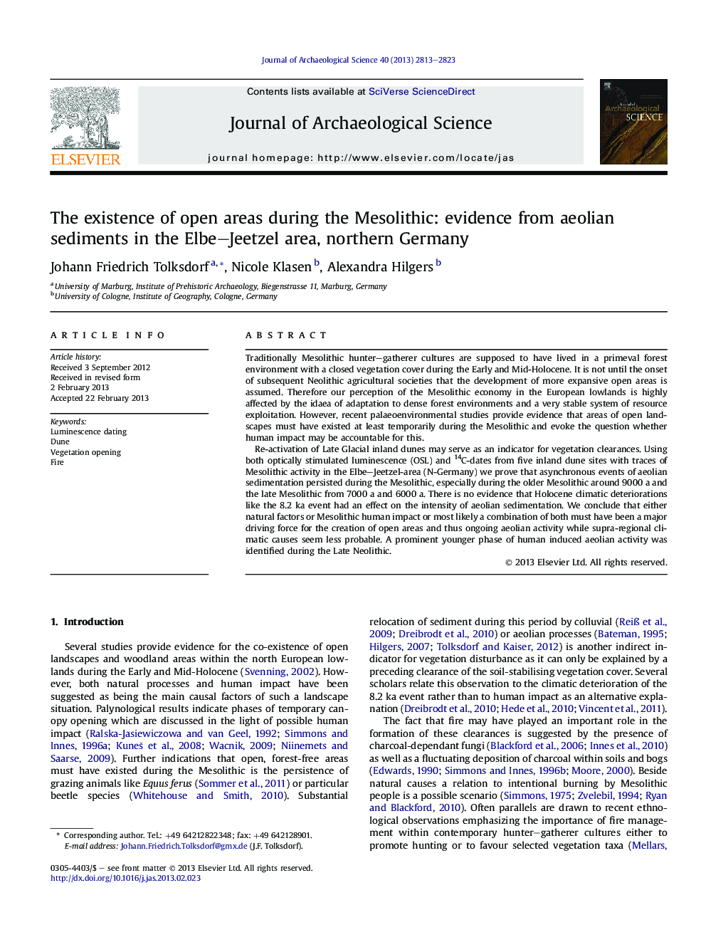 The existence of open areas during the Mesolithic: evidence from aeolian sediments in the Elbe–Jeetzel area, northern Germany