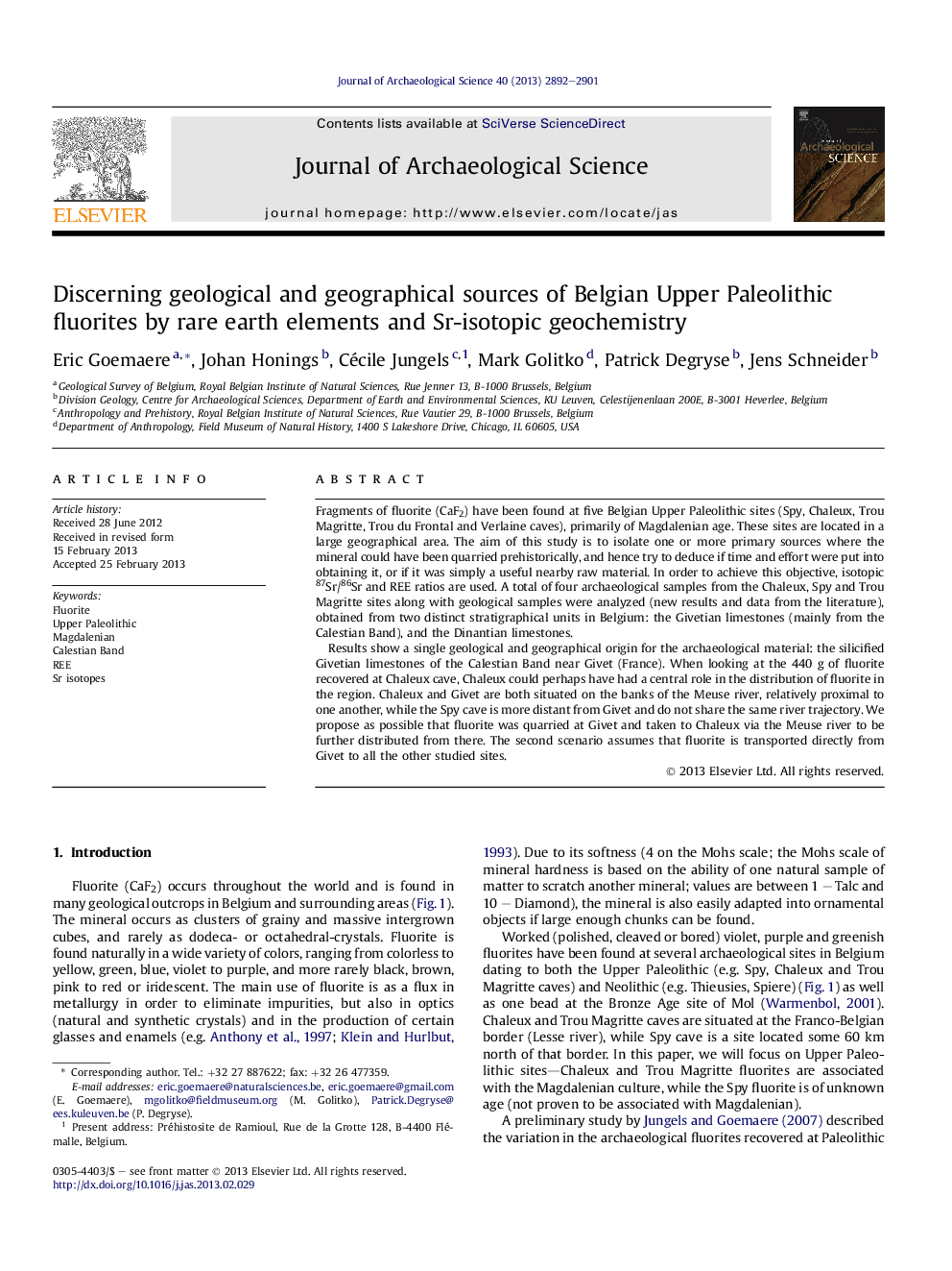 Discerning geological and geographical sources of Belgian Upper Paleolithic fluorites by rare earth elements and Sr-isotopic geochemistry