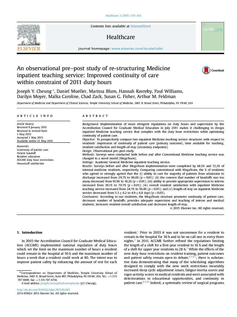 An observational pre-post study of re-structuring Medicine inpatient teaching service: Improved continuity of care within constraint of 2011 duty hours