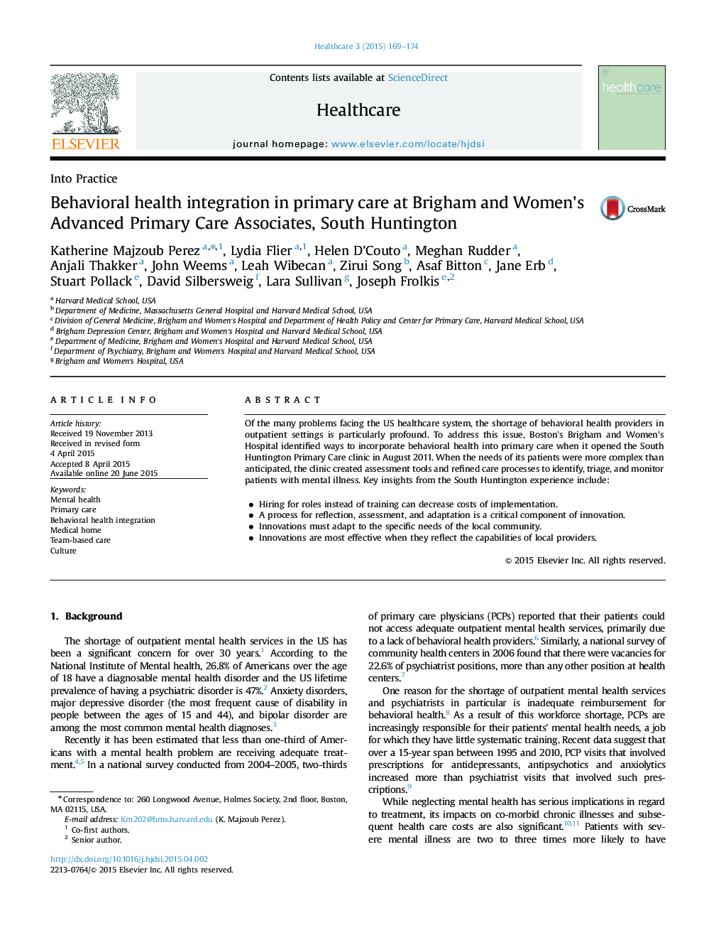Behavioral health integration in primary care at Brigham and Women×³s Advanced Primary Care Associates, South Huntington