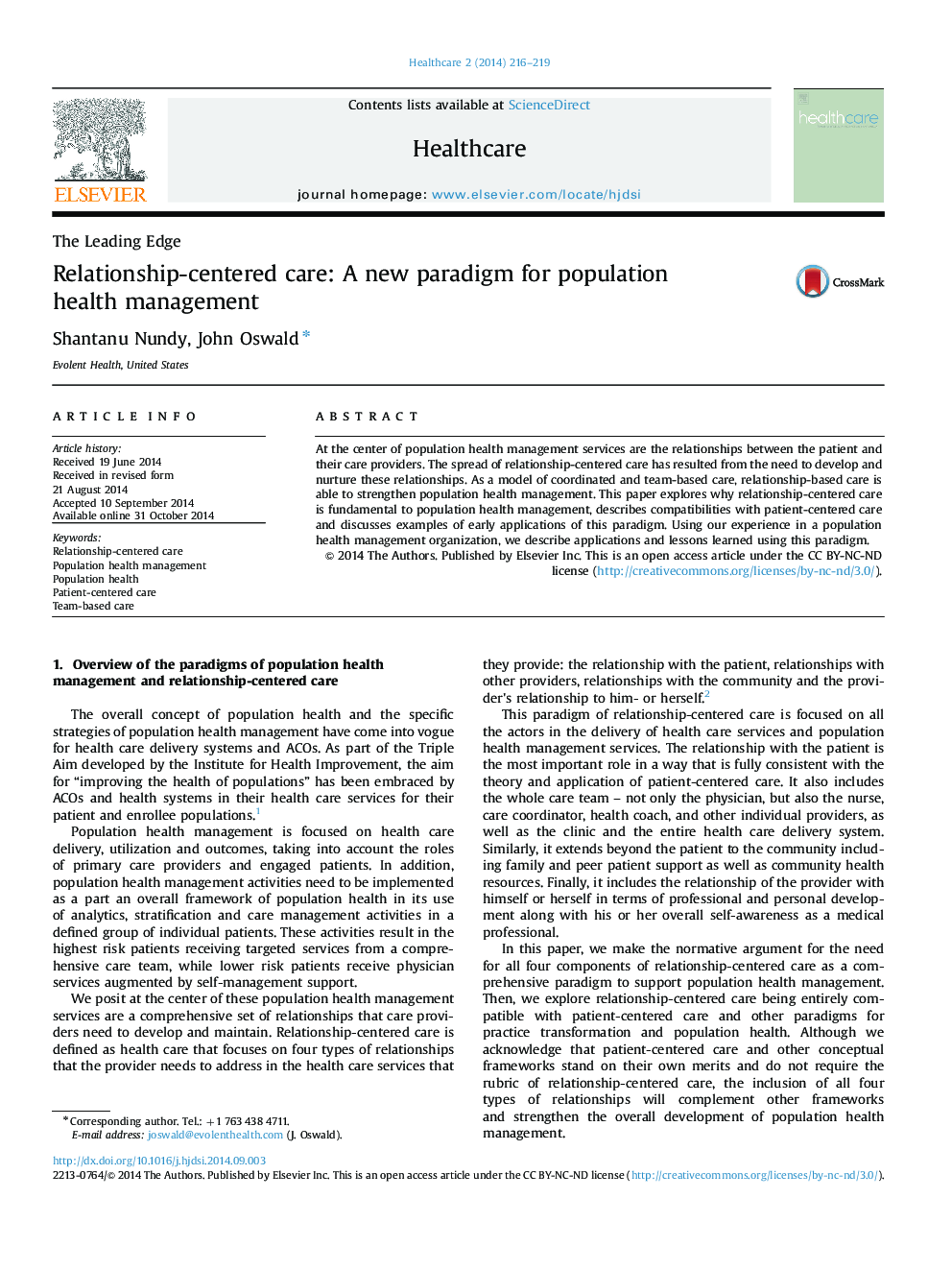 Relationship-centered care: A new paradigm for population health management