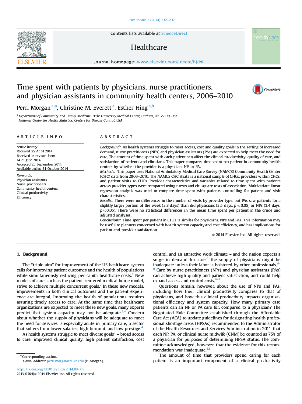 Time spent with patients by physicians, nurse practitioners, and physician assistants in community health centers, 2006-2010