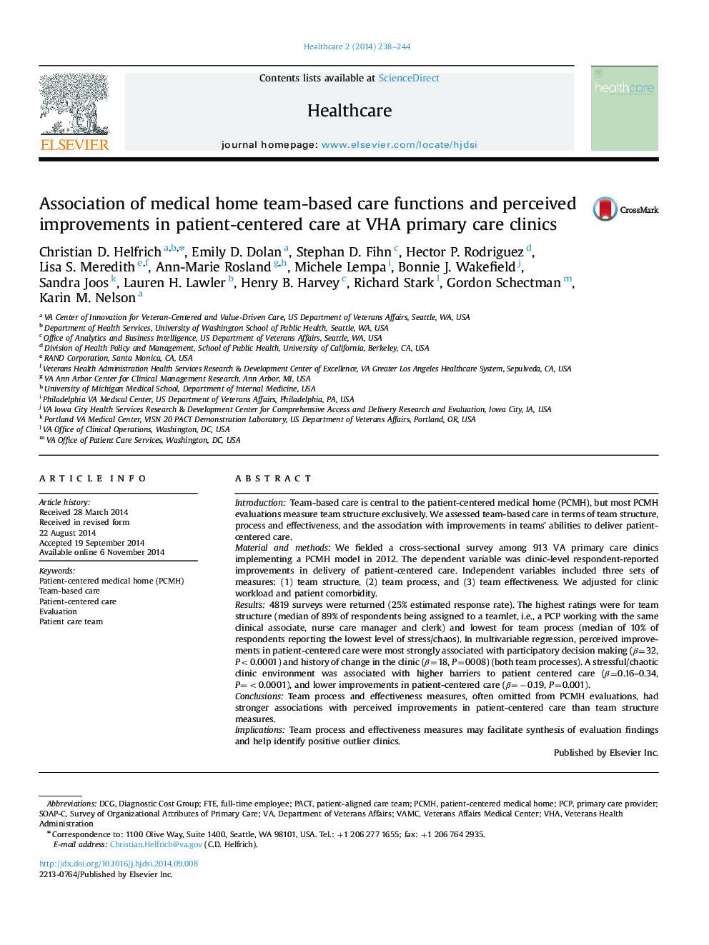 Association of medical home team-based care functions and perceived improvements in patient-centered care at VHA primary care clinics