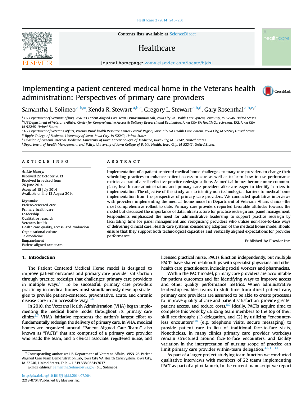Implementing a patient centered medical home in the Veterans health administration: Perspectives of primary care providers