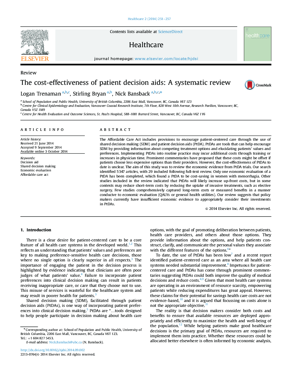 The cost-effectiveness of patient decision aids: A systematic review