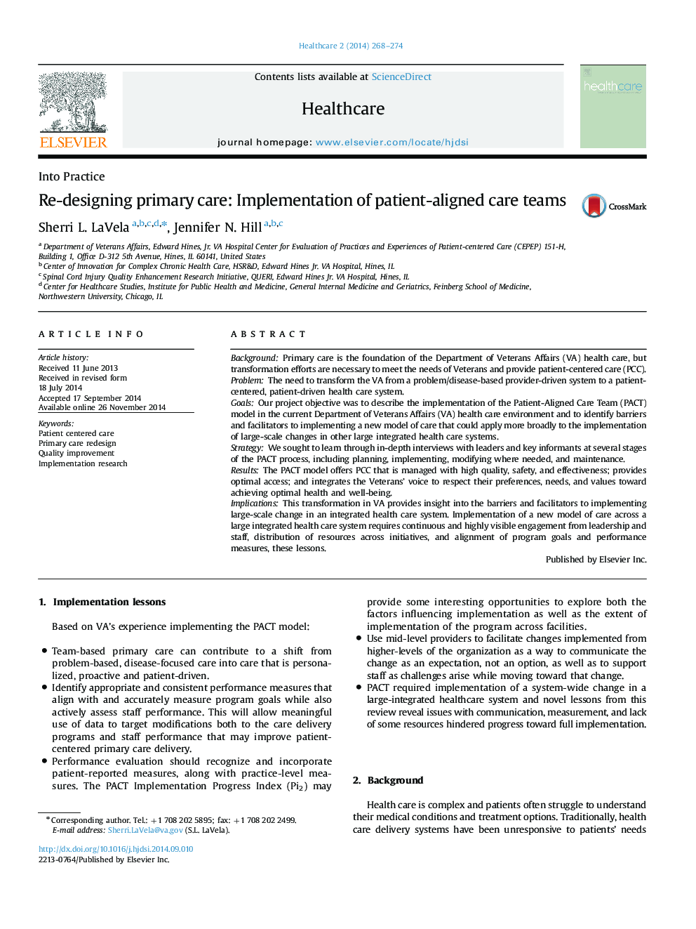 Re-designing primary care: Implementation of patient-aligned care teams