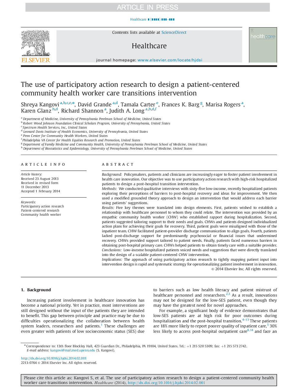 The use of participatory action research to design a patient-centered community health worker care transitions intervention