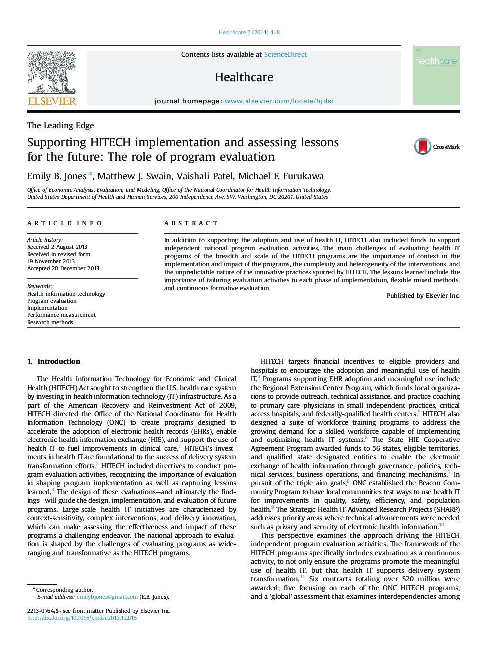 Supporting HITECH implementation and assessing lessons for the future: The role of program evaluation