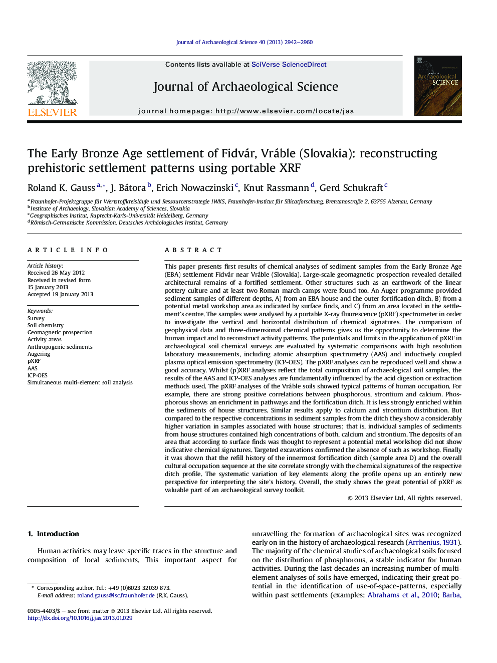 The Early Bronze Age settlement of Fidvár, Vráble (Slovakia): reconstructing prehistoric settlement patterns using portable XRF