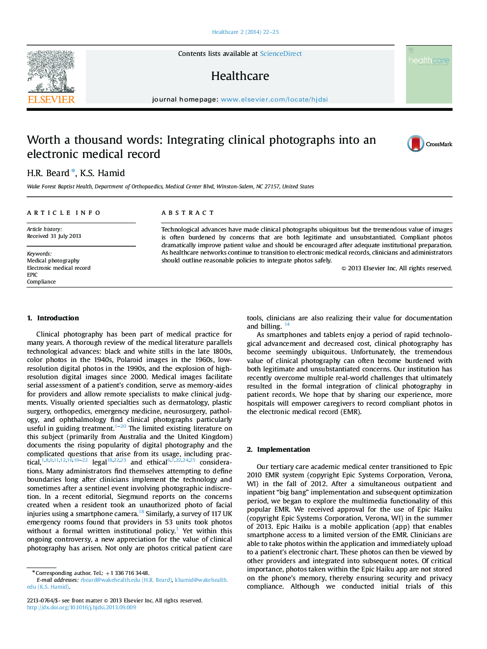 Worth a thousand words: Integrating clinical photographs into an electronic medical record