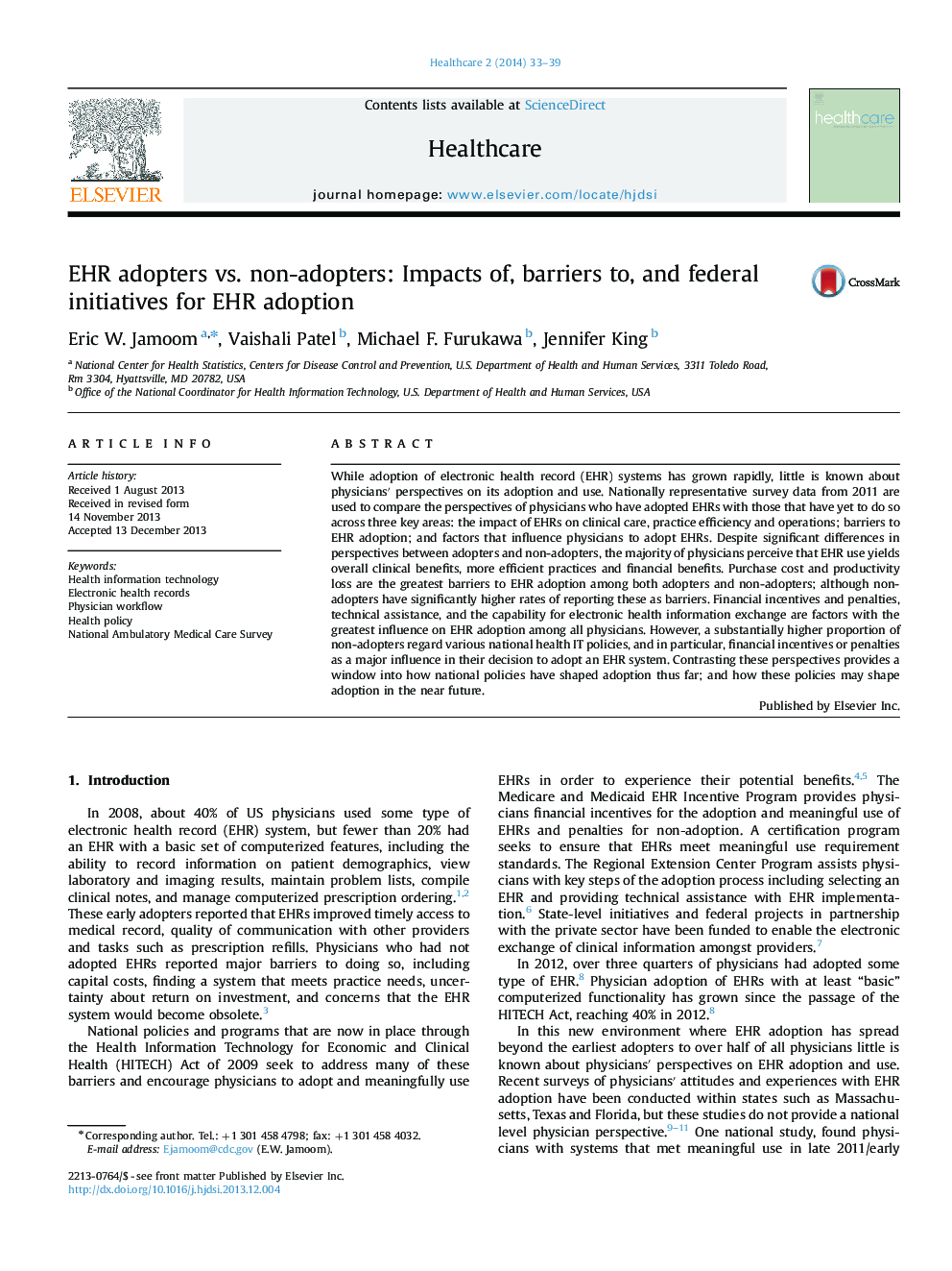 EHR adopters vs. non-adopters: Impacts of, barriers to, and federal initiatives for EHR adoption