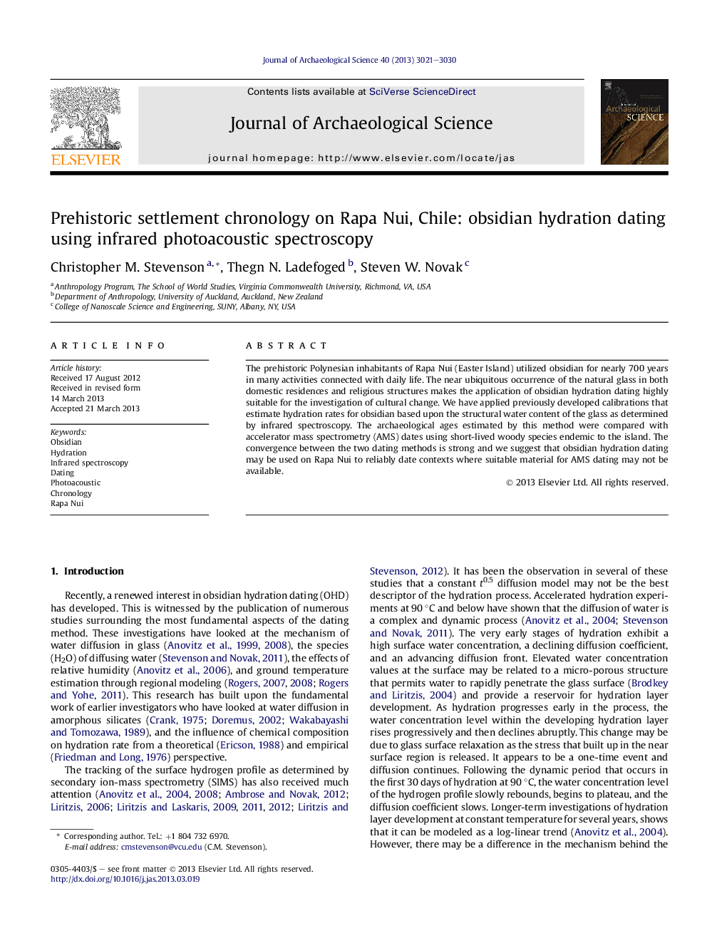 Prehistoric settlement chronology on Rapa Nui, Chile: obsidian hydration dating using infrared photoacoustic spectroscopy