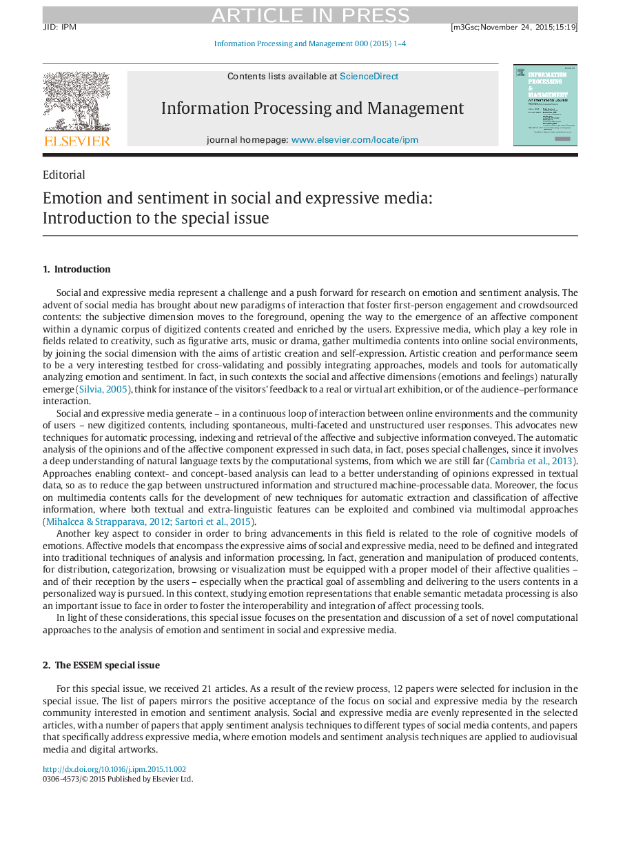 Emotion and sentiment in social and expressive media: Introduction to the special issue