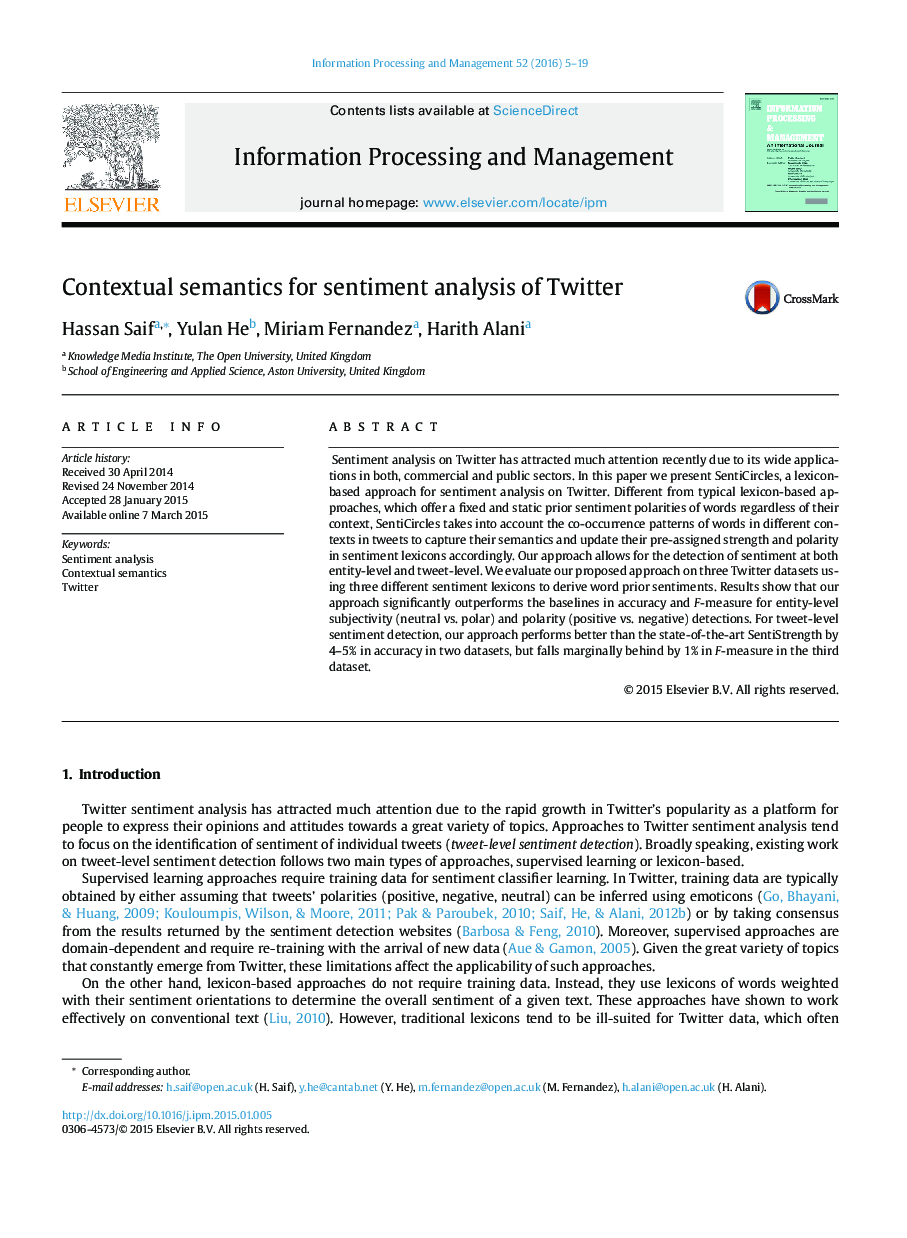 Contextual semantics for sentiment analysis of Twitter