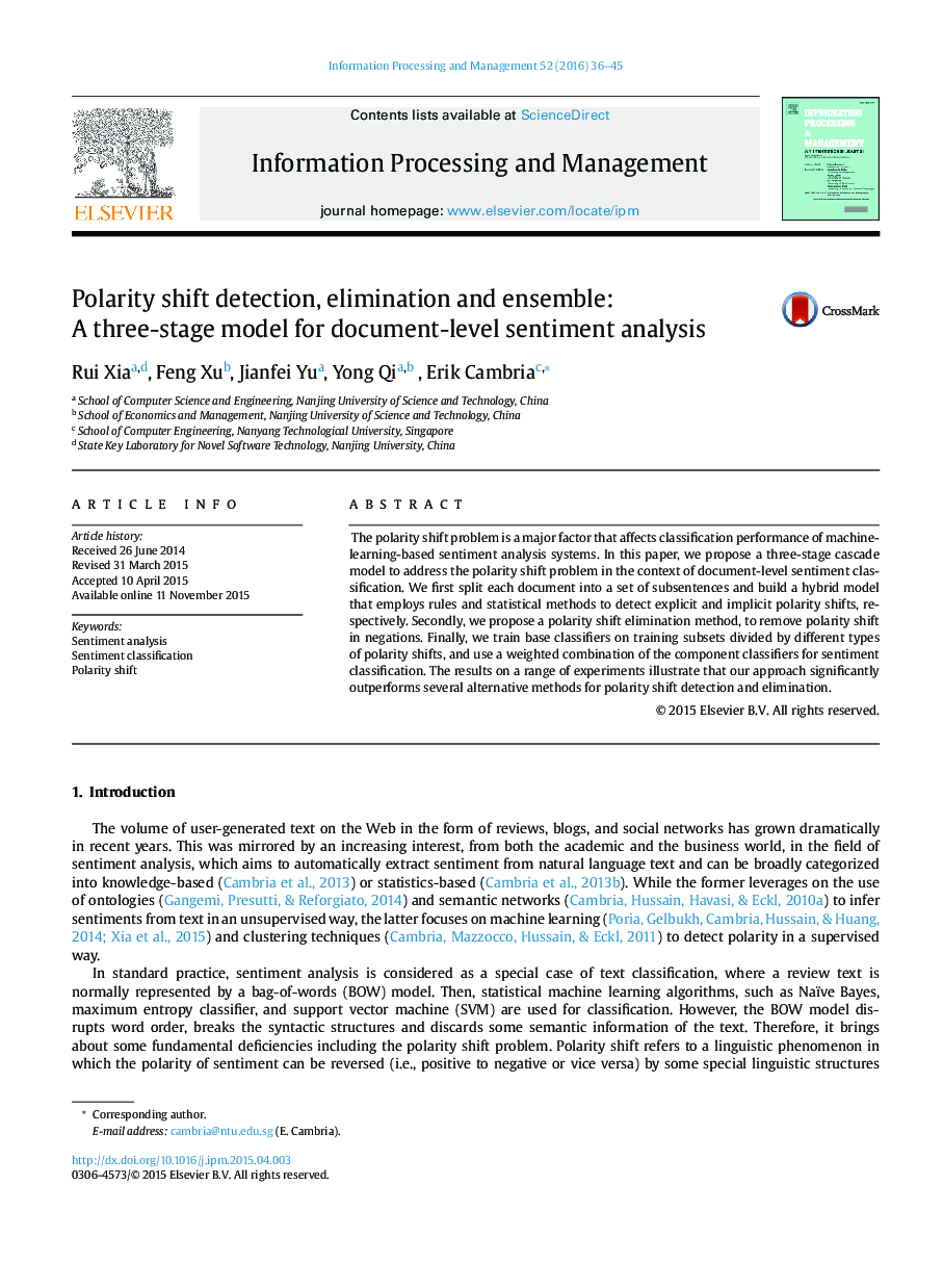 Polarity shift detection, elimination and ensemble: A three-stage model for document-level sentiment analysis