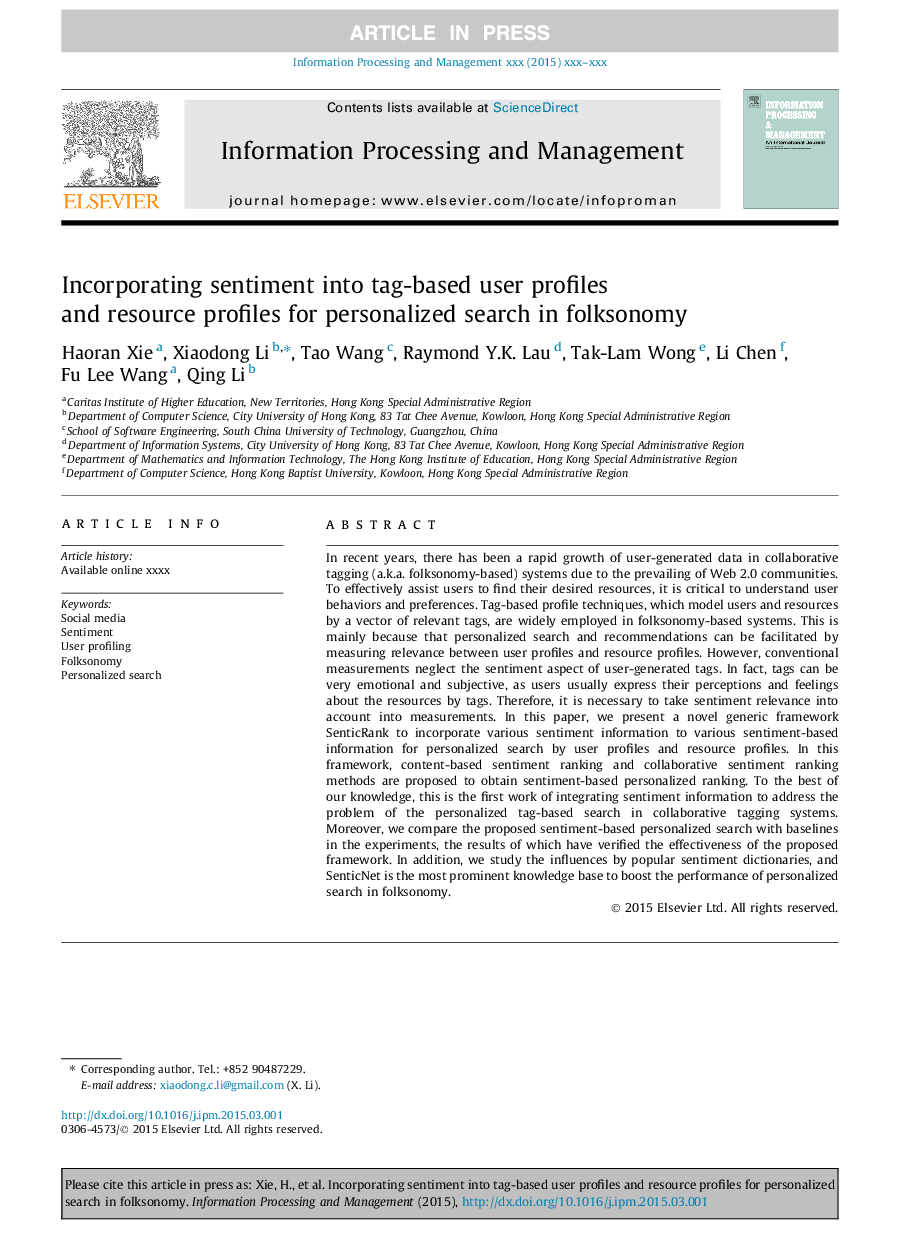 Incorporating sentiment into tag-based user profiles and resource profiles for personalized search in folksonomy