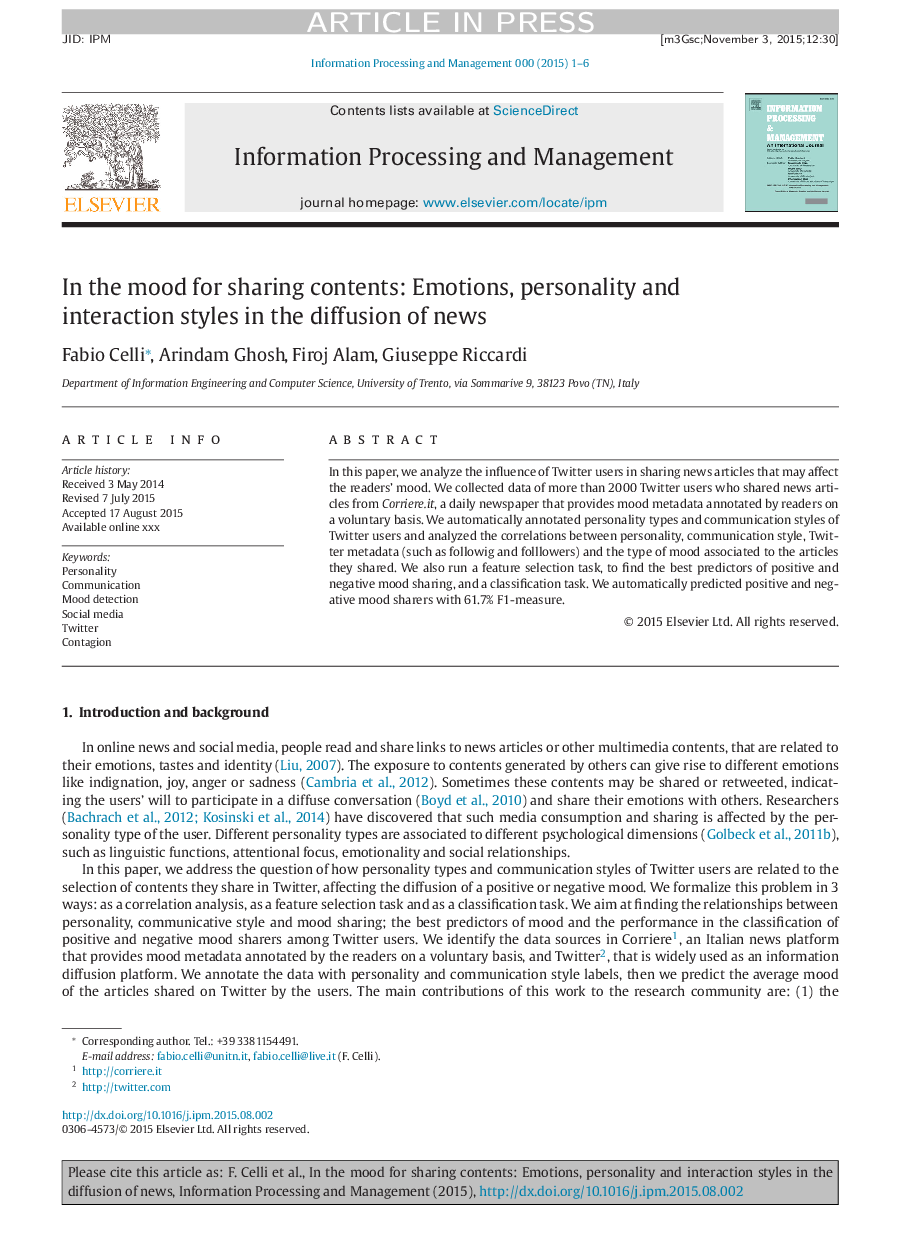 In the mood for sharing contents: Emotions, personality and interaction styles in the diffusion of news