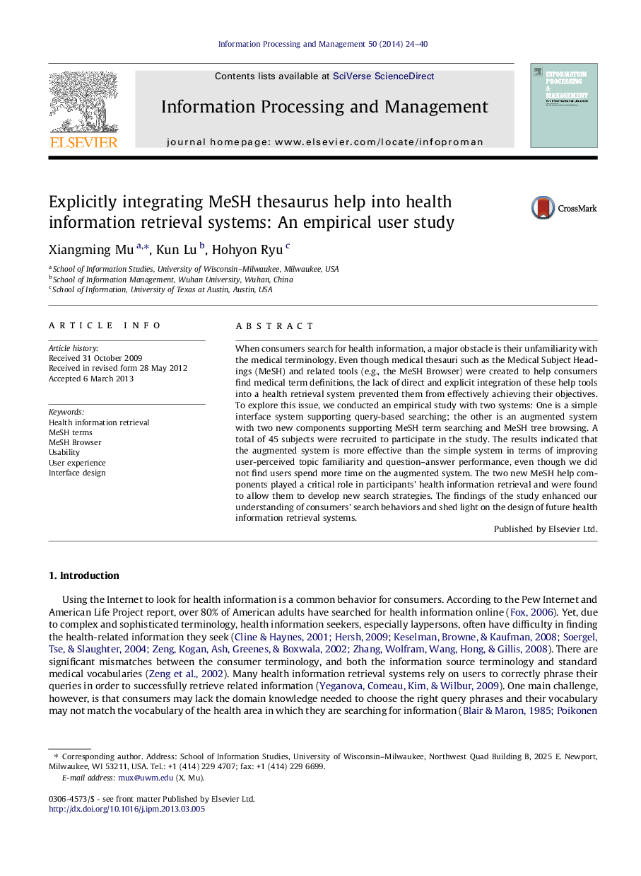 Explicitly integrating MeSH thesaurus help into health information retrieval systems: An empirical user study