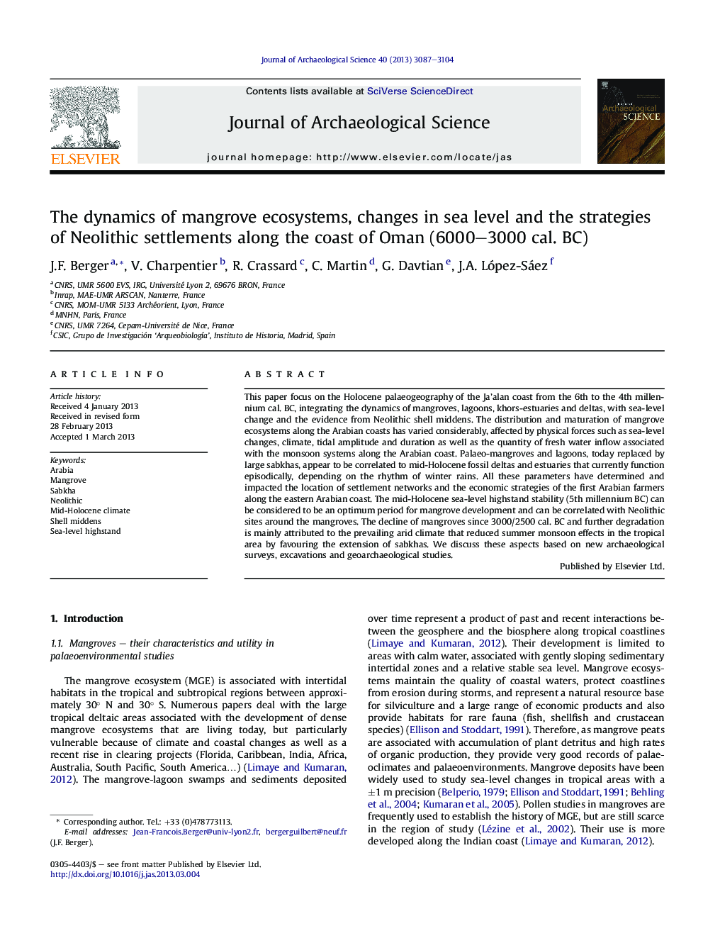 The dynamics of mangrove ecosystems, changes in sea level and the strategies of Neolithic settlements along the coast of Oman (6000–3000 cal. BC)