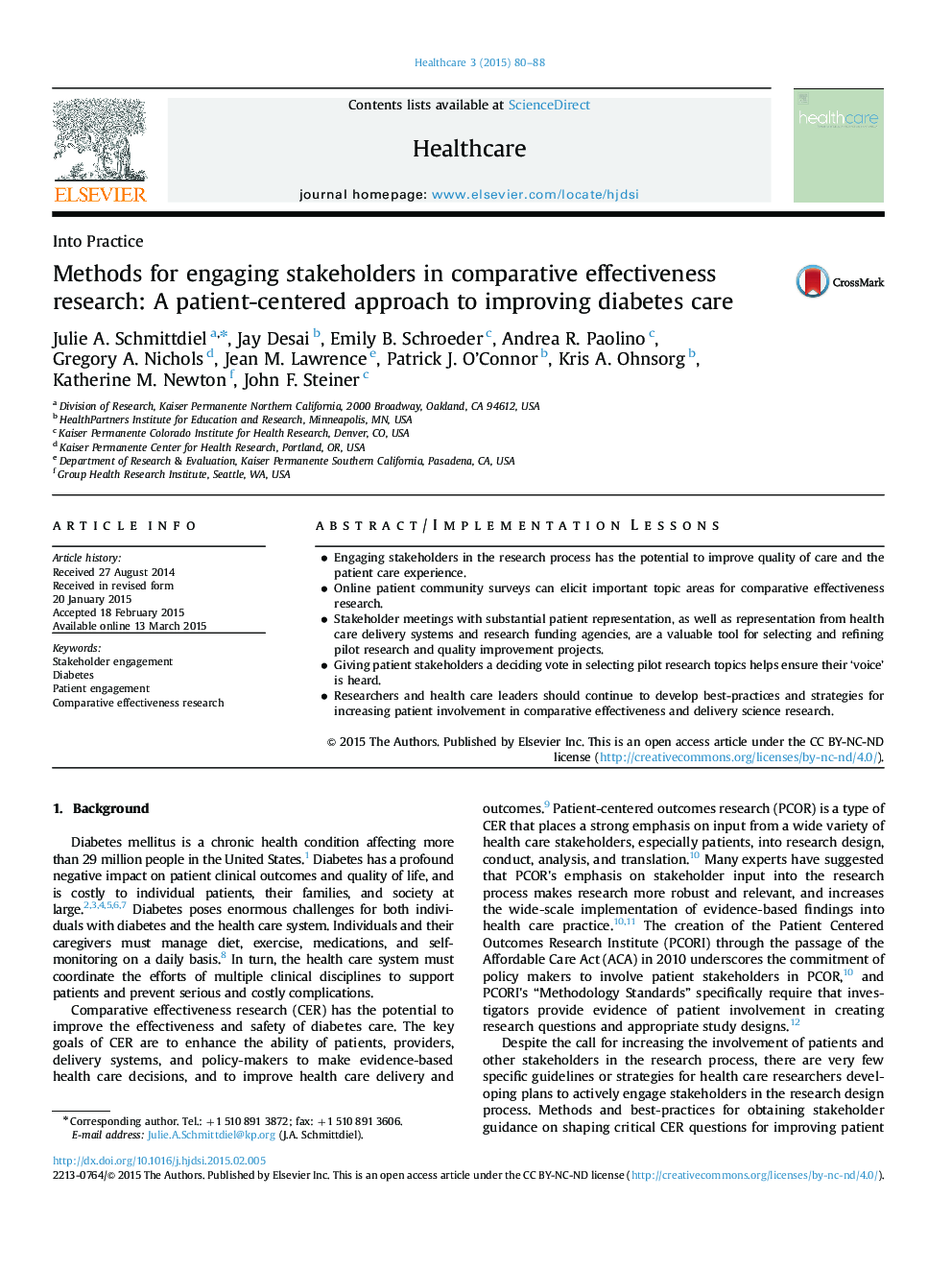 Methods for engaging stakeholders in comparative effectiveness research: A patient-centered approach to improving diabetes care