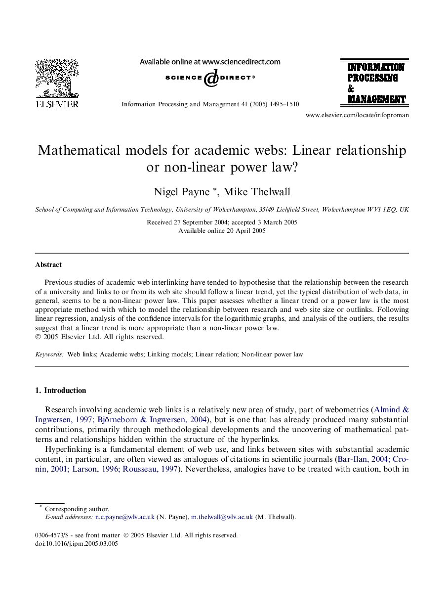 Mathematical models for academic webs: Linear relationship or non-linear power law?