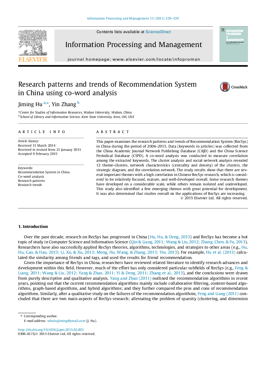 Research patterns and trends of Recommendation System in China using co-word analysis