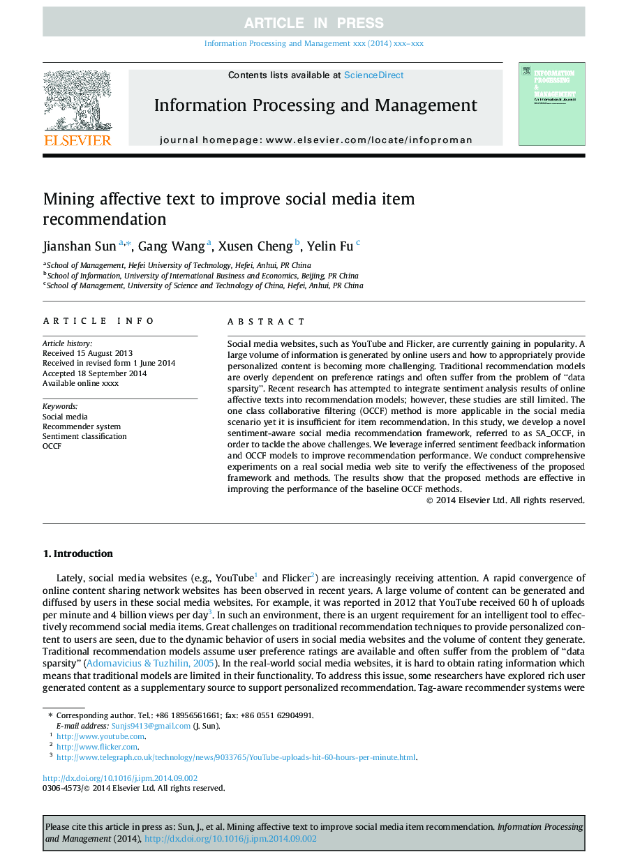 Mining affective text to improve social media item recommendation