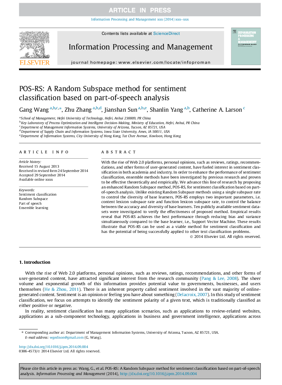 POS-RS: A Random Subspace method for sentiment classification based on part-of-speech analysis