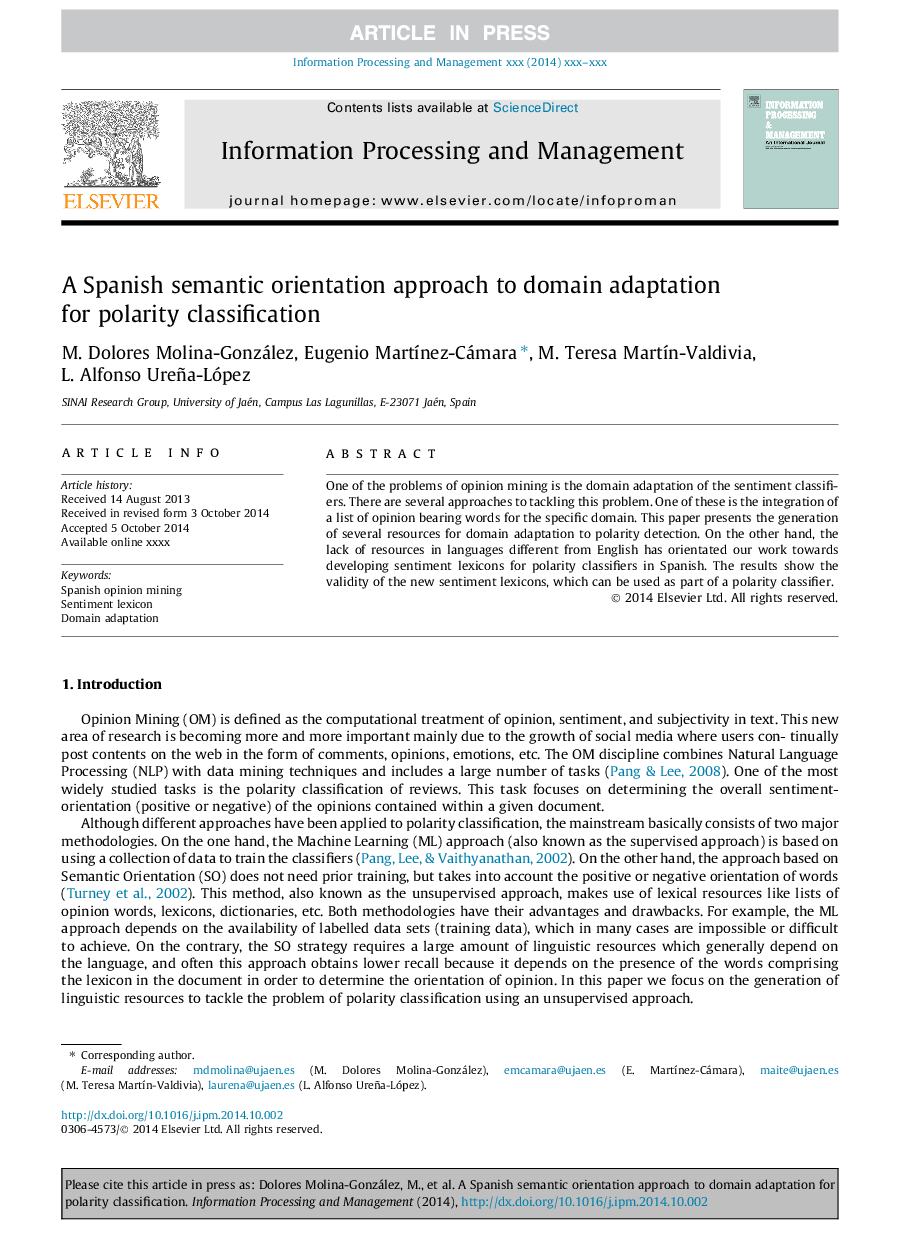 A Spanish semantic orientation approach to domain adaptation for polarity classification