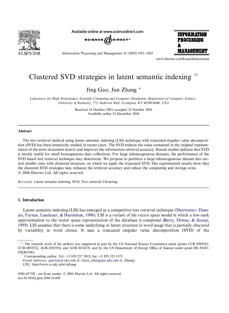 Clustered SVD strategies in latent semantic indexing